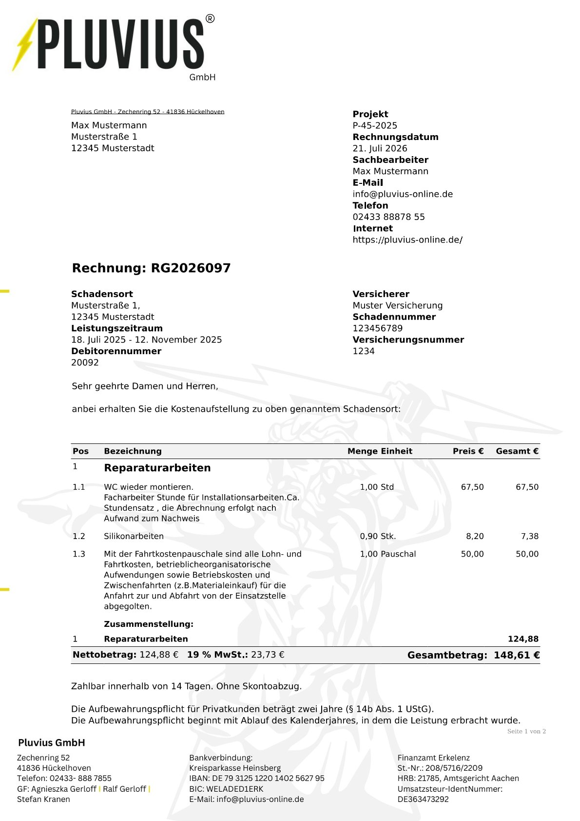 PDF-Vorlage: Rechnung Projektkopf kompakt 2. Briefpapier auf den Folgeseiten